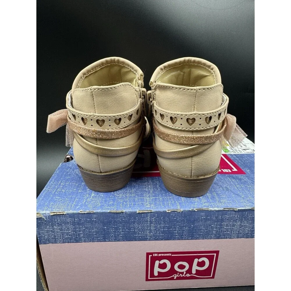 Pop Big Girls Lil Elisha Block Heel Tan Toddler Booties Size 8 M, New